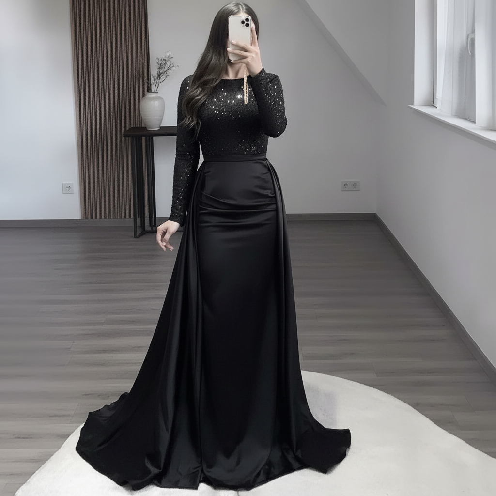 Women's Luxurious Sequins Long Sleeve Evening Gown